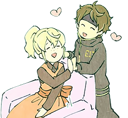 Rachel and Bam from Tower of God touching hands and smiling with two hearts above them.