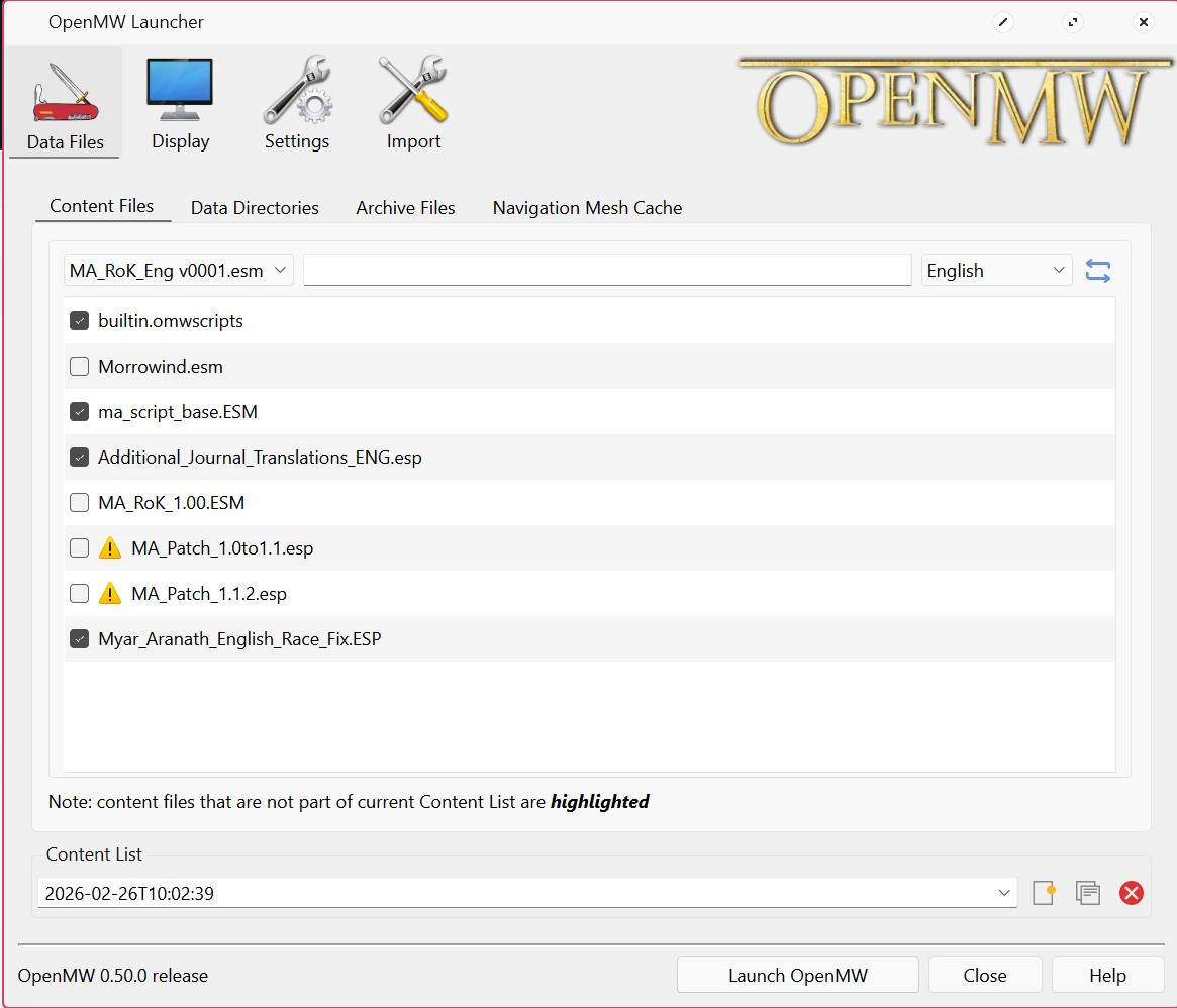 OpenMW Launcher with the appropriate load order.