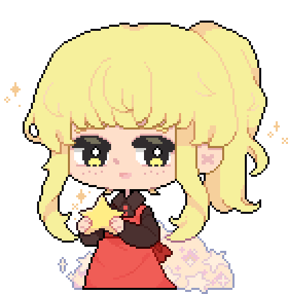 A pixel image of Rachel from Tower of God smiling and holding a star. Behind her, there is a hoard of more stars.