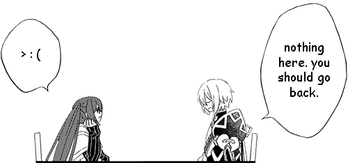 Yu Meiren and the Prince of Lanling from Fate/Grand Order sit across from one another at a table. A dialogue bubble from Lanling has been edited to say 'nothing here. you should go back.' Yu Meiren's speech bubble has been edited to display an emoticon: '>:('.